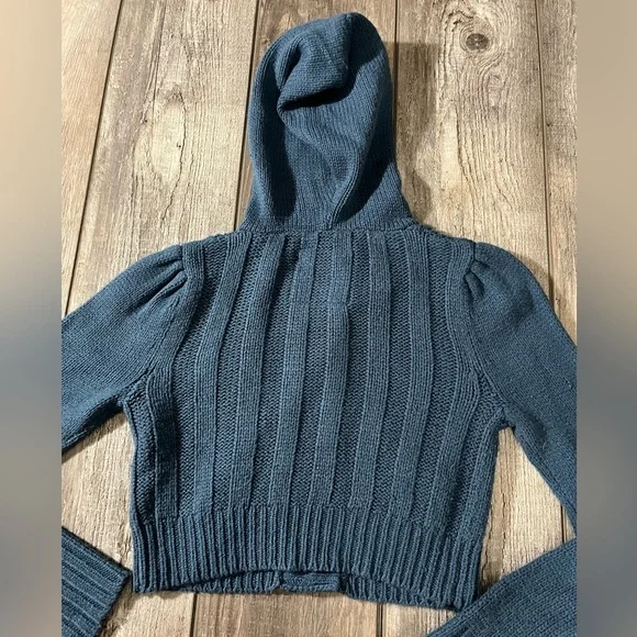 Love Rocks Midnight Blue Hooded Button Down Cableknit Cropped Sweater - M - Picture 2 of 12